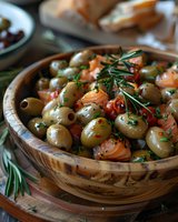 Mediterranean appetizer with marinated green olives, smoked salmon pieces, fresh herbs and rosemary served in rustic wooden bowl, close up food photography.