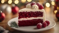 Festive red velvet cake slice with cream frosting and fresh raspberries on white plate, holiday bokeh lights background for Christmas dessert celebrations.