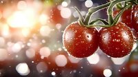 Fresh ripe cherry tomatoes covered with water drops against blurred bokeh background with sunlight and sparkles. For food industry and healthy eating concept.