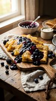 Golden crepes topped with mixed berry compote on rustic wooden board, homemade breakfast served with fresh blueberries and blackberries in cozy kitchen setting.