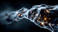 Ethereal glowing neural network with light particles flowing through translucent connections against dark background, visualizing artificial intelligence or brain synapses.