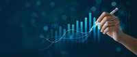 Hand drawing upward trending growth chart with glowing blue bars and arrow on dark background. Business success and financial progress concept.