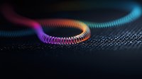 Colorful spiral spring with rainbow gradient colors on dark textured background, selective focus macro photography showing vibrant metallic coil detail.