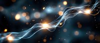Abstract glowing energy waves with light particles on dark background, creating futuristic technological effect for digital design projects.