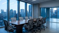 Modern corporate boardroom with panoramic city skyline view through floor-to-ceiling windows. Executive conference table with ergonomic chairs for business meetings.