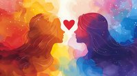 Romantic silhouettes of two women in love against vibrant rainbow watercolor background with floating heart symbol, celebrating diversity and relationship concept.