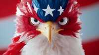 Patriotic eagle mascot character with American flag colors and stars on head against striped background. Fierce expression and detailed feathers create dramatic effect.