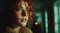 Young woman with curly hair in dramatic lighting looking thoughtfully through window with warm golden glow and cool tones creating cinematic atmosphere.