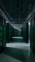 Modern data center corridor with rows of server racks featuring illuminated green indicator lights, industrial infrastructure, and concrete flooring for technology and cloud computing concepts.
