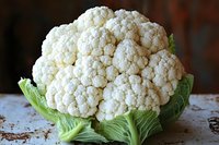 Fresh whole cauliflower head with green leaves on rustic surface, suitable for food photography, cooking blogs, recipe illustrations, and healthy eating content.