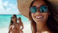 Young woman with straw hat and sunglasses smiling at tropical beach with turquoise water and blurred people in background. Summer vacation concept.
