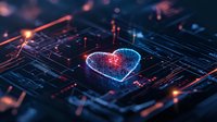 Glowing digital heart shape on circuit board with red and blue neon lights, electronic pathways and connections in dark background. Modern love concept.