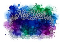 New Year watercolor splashes in blue, green, and purple tones with ornamental lettering and decorative flourishes on isolated white background for greeting cards and seasonal designs.