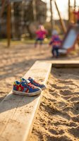 Colorful children sneakers on playground sandbox edge with blurred kids playing in background during golden hour sunlight for family lifestyle concepts.