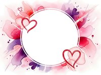 Romantic watercolor frame with pink and purple hearts, splashes and circular white space for text. Valentine's Day greeting card template design.