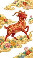 Red goat with golden floral patterns jumping through decorative clouds with peonies and chrysanthemums in traditional Chinese art style for lunar new year.
