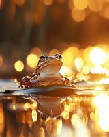 Small brown frog sitting in calm water with warm golden bokeh lights creating magical atmosphere and reflections for nature photography projects.