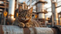 Tabby cat resting on industrial pipe at sunset, warm bokeh background creates atmospheric industrial scene with feline companion in urban setting.
