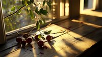 Plums scattered on wooden windowsill in golden evening sunlight with tree branch and leaves casting shadows, creating nostalgic rustic mood.