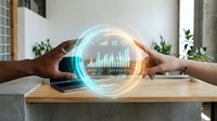 Business professionals hands creating holographic data visualization sphere with charts and graphs for financial analysis and digital transformation.