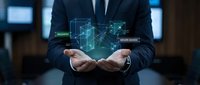 Professional businessman in dark suit holding glowing digital network hologram with data connections, representing modern technology and business innovation.