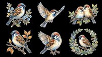 Watercolor sparrows and finches with botanical elements, isolated on transparent background. Ready for t-shirt design, clipart, stickers, sublimation, and print-on-demand projects.