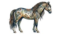Ornate horse with intricate gold and silver decorative patterns across body, featuring detailed metallic embellishments and flowing mane, isolated on white background for design use.
