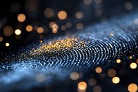 Macro photography of glowing fingerprint pattern with golden bokeh lights on dark background, creating futuristic security concept visualization.