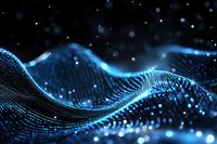 Glowing blue wave of connected particles forming abstract digital network structure against dark background with bokeh light effects and depth of field.