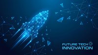 Digital rocket launch with glowing network connections and geometric particles on blue background representing startup growth and technological advancement.