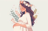 Gentle illustration of expecting Asian woman in white dress with flower crown, surrounded by soft coral and sage botanical elements on beige background.