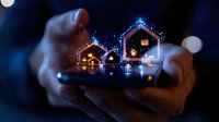 Glowing digital houses float above smartphone screen with magical sparkles and bokeh lights, hands holding device in dark, concept of smart home technology.
