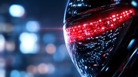 Modern luxury car rear taillight with LED technology glowing red against blurred city night background showcasing automotive design and engineering innovation.