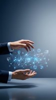Business hands protecting digital network with glowing connections and data nodes representing cybersecurity, technology innovation and digital transformation.