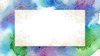 Watercolor frame with swirling patterns in blue, purple and green hues. Blank white space for text or design elements. Abstract artistic border.