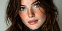 Young Caucasian woman with freckles and blue eyes looking at camera with natural makeup and wavy brown hair for beauty and skincare concepts.