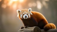 Adorable red panda sitting on wooden log with warm sunlight creating bokeh background, wildlife photography showcasing endangered species in natural habitat.