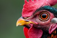 Extreme close-up macro portrait of rooster head showing detailed red comb, vibrant orange eye, and yellow beak against blurred green background. Showcases poultry features.