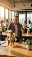 Confident middle-aged Caucasian businessman in suit standing at modern office desk with golden rocket model, diverse team working in background, startup success concept.