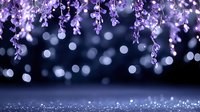 Purple crystal chandelier with hanging beads creating elegant bokeh lights against dark background for luxury interior design and decoration.