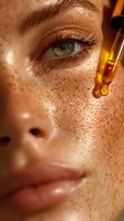 Close-up of woman with freckles applying golden facial serum with dropper, showcasing skincare routine and natural beauty.