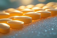Orange pharmaceutical tablets arranged in rows with warm sunlight creating dramatic lighting and shadows on textured surface for medical concepts.