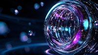 Glowing spiral tunnel with neon blue and purple light effects, digital particles and bokeh background creating futuristic abstract composition.