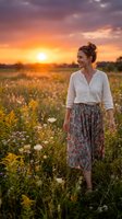 Young woman with reddish-brown hair standing in wildflower meadow at golden hour sunset, wearing white blouse and floral skirt, gazing toward horizon. Perfect for lifestyle and nature themes.