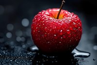 Fresh red apple with water drops on dark background, macro photography showing detailed texture and natural moisture on glossy fruit surface in dramatic lighting.