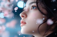 Young Asian woman with dreamy expression gazing upward amid falling cherry blossom petals, soft bokeh lights create magical atmosphere in blue tones.
