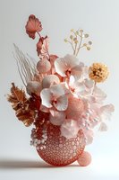 Delicate floral arrangement with white orchids and dried flowers in coral and blush tones, set in a textured spherical vase against light background. For home decor.
