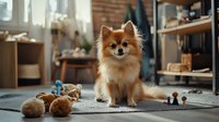 Fluffy brown and white Pomeranian sitting on gray mat in modern living room with toys scattered around, ideal for pet care, training, and home lifestyle content.