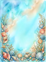 Watercolor ocean frame with seashells, coral, starfish and marine plants creating decorative border on blue aquatic background for summer designs.
