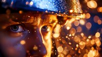 Close up portrait with dramatic golden bokeh light effects and sparkles creating magical atmosphere against dark background. Artistic beauty photography.